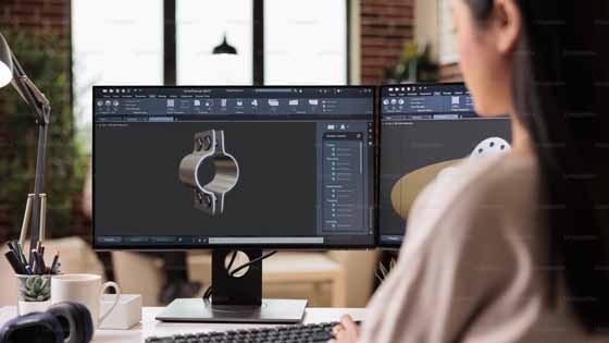 Designer working at dual monitor workstation with 3D model